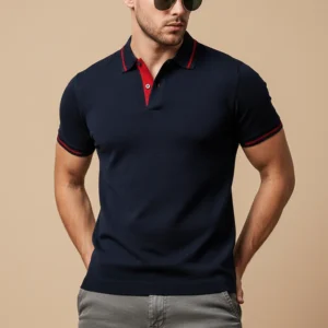 Navy Pique Stripe Collar Regular Fit Tipping Polo T-shirt